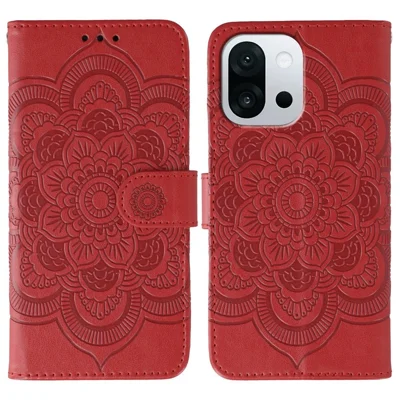 For OnePlus 13T 5G Case PU Leather Mandala Imprinted Design Wallet Phone Cover with Wrist Strap - Red