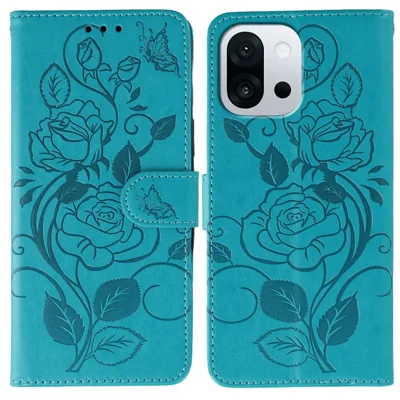 Til OnePlus 13T 5G Tasker Wallet Stående Indgraveret Rose Butterfly PU Læder Telefondæksel - Blå