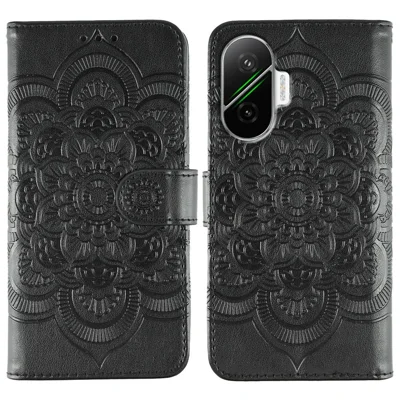 For Xiaomi Poco F7 5G / Redmi Turbo 4 Pro 5G Case PU Leather Mandala Imprinted Design Wallet Phone Cover with Wrist Strap - Black