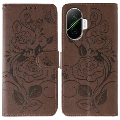 For Xiaomi Poco F7 5G  /  Redmi Turbo 4 Pro 5G Case Wallet Stand Imprinted Rose Butterfly PU Leather Phone Cover - Brown