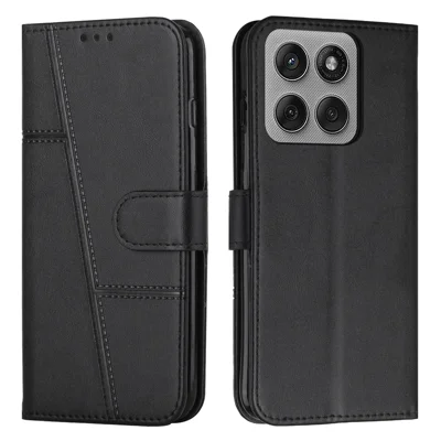 For Motorola Edge 60 Pro 5G Leather Phone Case Foldable Stand Wallet Flip Cover with Strap - Black