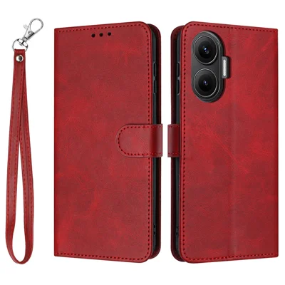 For Xiaomi Poco F7 5G  /  Redmi Turbo 4 Pro 5G Case Flip Stand Calf Texture PU Leather Wallet Phone Cover with Strap - Red
