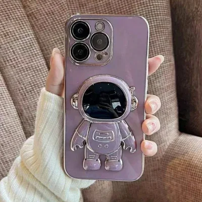 For iPhone 12 Pro Max Case Electroplating Soft TPU Phone Cover Astronaut Hidden Kickstand - Purple