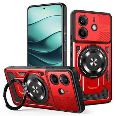 For Xiaomi Redmi Note 14 4G (163.25mm) Magnetic Case Rotating Kickstand TPU + PC Phone Cover - Red