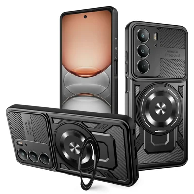 For Realme C75 4G  /  14x 5G  /  V60 Pro 5G  /  P3x 5G Magnetic Case Rotating Kickstand TPU + PC Phone Cover - Black