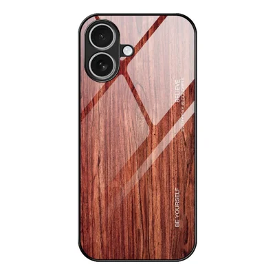 For iPhone 17 Case TPU + Tempered Glass Back Phone Cover Wood Texture - Wine Red