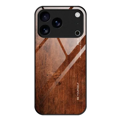 For iPhone 17 Pro Case TPU + Tempered Glass Back Phone Cover Wood Texture - Coffee