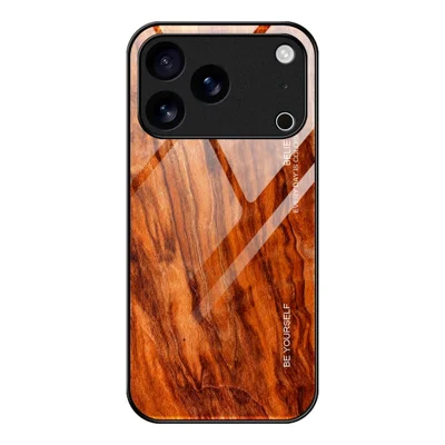 For iPhone 17 Pro Max Case TPU + Tempered Glass Back Phone Cover Wood Texture - Orange
