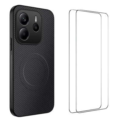 WANLONFENG For Xiaomi Redmi Note 14 5G Magnetic Case  TQ1 Series Carbon Fiber Texture PC TPU Phone Cover with 2Pcs Screen Films - Black