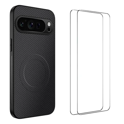 WANLONFENG For Google Pixel 9 Pro XL Magnetic Case  TQ1 Series Carbon Fiber Texture PC TPU Phone Cover with 2Pcs Screen Films - Black
