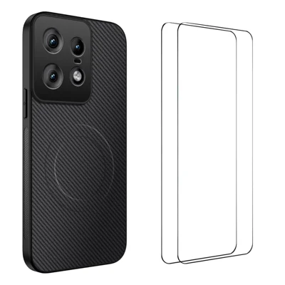 WANLONFENG For Motorola Edge 50 Pro 5G Magnetic Case  TQ1 Series Carbon Fiber Texture PC TPU Phone Cover with 2Pcs Screen Films - Black