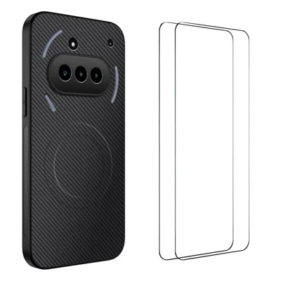 WANLONFENG For Nothing Phone (3a) Magnetic Case  TQ1 Series Carbon Fiber Texture PC TPU Phone Cover with 2Pcs Screen Films - Black