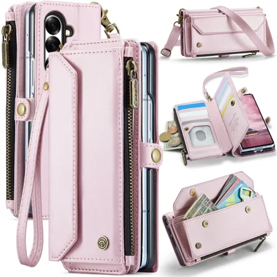 CASEME For Samsung Galaxy Z Fold7 5G Leather Case  C36 Zipper 10 Card Slots Phone Cover with Straps - Pink