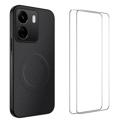 WANLONFENG For Xiaomi Redmi 13C 4G Magnetic Case  TQ1 Series Carbon Fiber Texture PC TPU Phone Cover with 2Pcs Screen Films - Black
