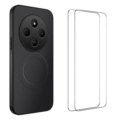 WANLONFENG For Xiaomi Redmi 14C 4G Magnetic Case  TQ1 Series Carbon Fiber Texture PC TPU Phone Cover with 2Pcs Screen Films - Black
