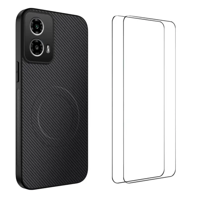 För Motorola Moto G34 5G Magnetisk Hölje WANLONFENG TQ1 Serie Kolfiberstruktur PC TPU Mobilskal med 2 st Skärmskydd - Svart