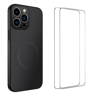 WANLONFENG For iPhone 15 Pro Magnetic Case  TQ1 Series Carbon Fiber Texture PC TPU Phone Cover with 2Pcs Screen Films - Black