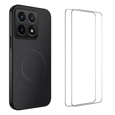 WANLONFENG For Xiaomi 14T Magnetic Case  TQ1 Series Carbon Fiber Texture PC TPU Phone Cover with 2Pcs Screen Films - Black