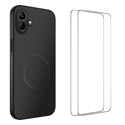 WANLONFENG For Samsung Galaxy A06 4G Magnetic Case  TQ1 Series Carbon Fiber Texture PC TPU Phone Cover with 2Pcs Screen Films - Black