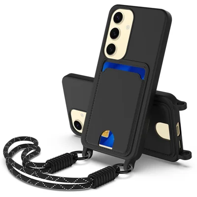 Voor Samsung Galaxy S25 Vloeibare Silicone Hoesje Telefoon Achterkant met Kaarthouder en Korte Band - Zwart