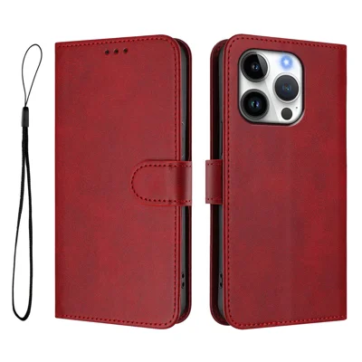 For iPhone 16 Pro Wallet Case RFID Blocking Calf Texture Leather Stand Phone Cover with Strap - Wine Red