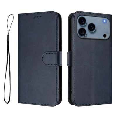 For iPhone 18 Pro Max / 17 Pro Max Wallet Case RFID Blocking Calf Texture Leather Stand Phone Cover with Strap - Blue