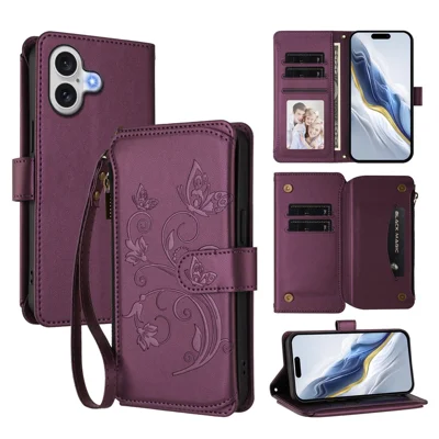 Voor iPhone 17 Leren Hoesje met Vlinder- en Bloemenprint Ritsportefeuille Standhoes met Polsbandje - Paars