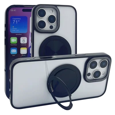 For iPhone 16 Pro Max Magnetic Case Acrylic TPU Phone Back Cover with Kickstand - Black