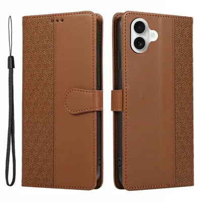 For iPhone 17 Case Splicing Imprinted Rhombus Leather Phone Cover with Wrist Strap - Brown