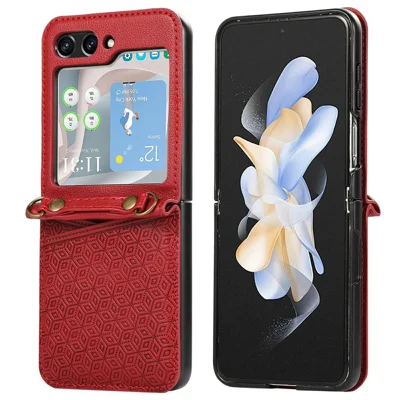 For Samsung Galaxy Z Flip5 5G Case Imprinted Rhombus Leather Phone Cover with Card Slots - Red