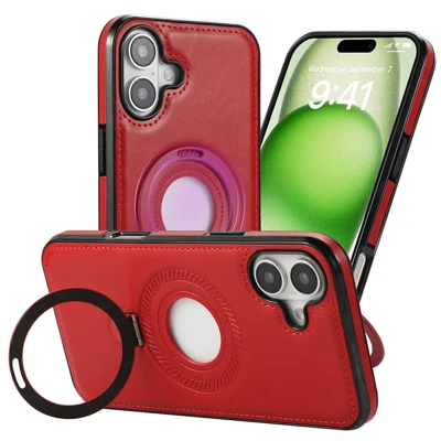 For iPhone 16 Case Magnetic Kickstand PU Leather Coated PC + TPU Phone Cover - Red