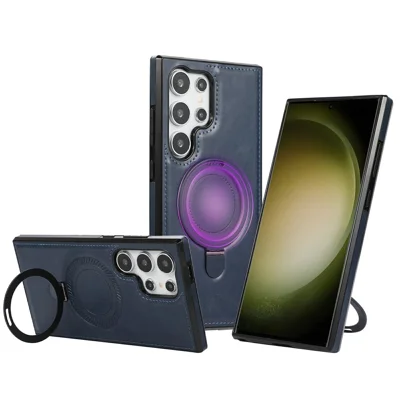 For Samsung Galaxy S23 Ultra Case Magnetic Kickstand PU Leather Coated PC + TPU Phone Cover - Blue