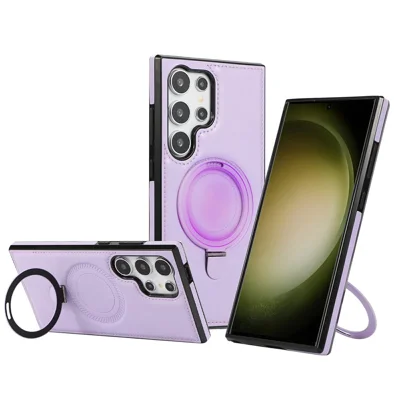 For Samsung Galaxy S23 Ultra Case Magnetic Kickstand PU Leather Coated PC + TPU Phone Cover - Purple
