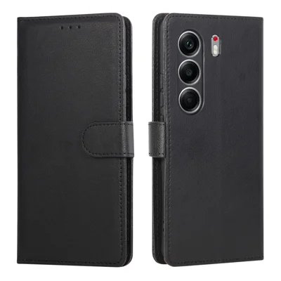 For TECNO Camon 40 Pro 4G / 5G Case Wallet Stand PU Leather Phone Cover with Wrist Strap - Black