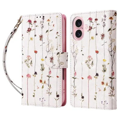 For iPhone 17 Hoesje RFID-blocking Bloemen Leer Telefoonhoesje met Polsbandje - Kleine Bloem
