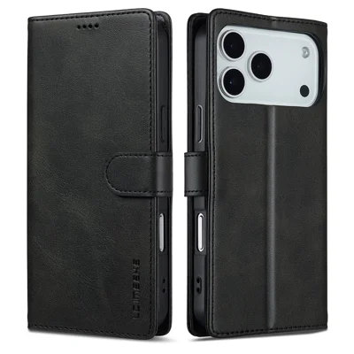 LC.IMEEKE For iPhone 18 Pro / 17 Pro Case Calf Texture PU Leather Stand Wallet Phone Cover - Black
