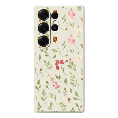 For Samsung Galaxy S25 Ultra Case Small Flower Leaves Pattern Printing Straight Edge TPU Phone Back Cover - Beige