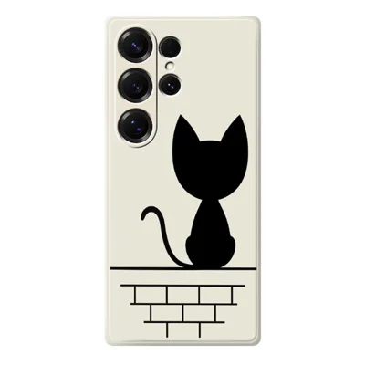 For Samsung Galaxy S25 Ultra Case Black Cat on the Wall Pattern Printing Straight Edge TPU Phone Back Cover - Beige