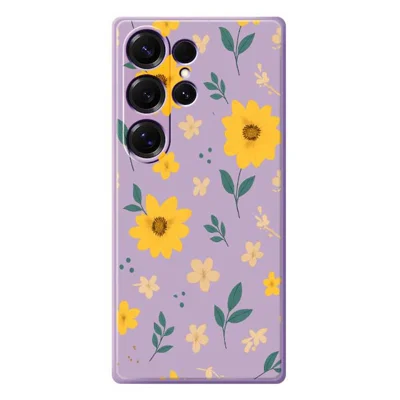 For Samsung Galaxy S25 Ultra Case Yellow Floral and Leaves Pattern Printing Straight Edge TPU Phone Back Cover - Purple