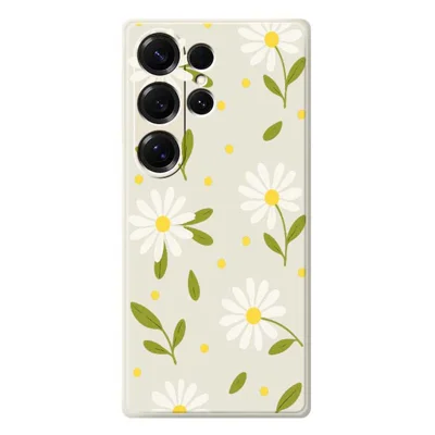 For Samsung Galaxy S25 Ultra Case White Flowers Green Leaves Pattern Printing Straight Edge TPU Phone Back Cover - Beige