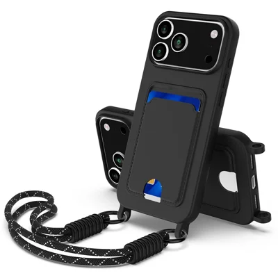 Bulk Purchasing For iPhone 18 Pro / 17 Pro Case Liquid Silicone Card Holder Phone Back Cover with Short Strap - Black