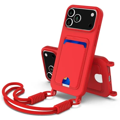 Bulk Purchasing For iPhone 18 Pro Max / 17 Pro Max Case Liquid Silicone Card Holder Phone Back Cover with Short Strap - Red