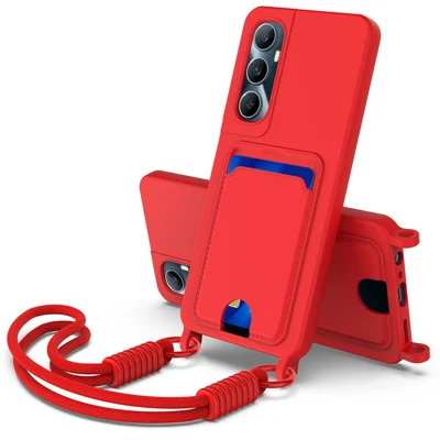 Bulk Purchasing For Realme C65 4G Case Liquid Silicone Card Holder Phone Back Cover with Short Strap - Red