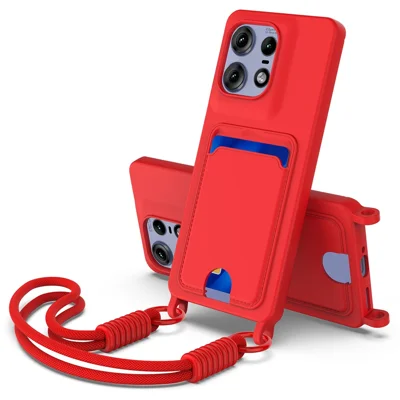 For Motorola Edge 50 Pro 5G Liquid Silicone Case Phone Back Cover with Short Strap - Red