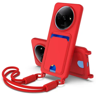 Liquid Silicone Case For Xiaomi Redmi A3 4G  /  A3x 4G  /  Poco C61 4G Card Holder Phone Back Cover with Short Strap - Red
