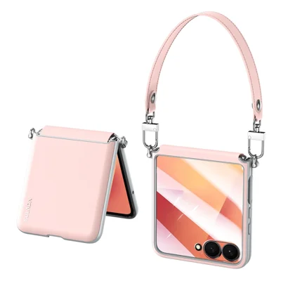 SULADA Fodral för Samsung Galaxy Z Flip7 5G med rem, läderbak, skydd för gångjärn - Rosa
