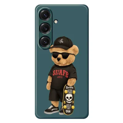 For Samsung Galaxy S25 Case Cool Bear Pattern Printing Straight Edge TPU Phone Back Cover - Green