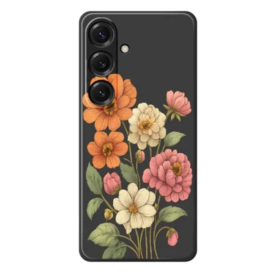 For Samsung Galaxy S25 Case Beautiful Flowers Pattern Printing Straight Edge TPU Phone Back Cover - Black