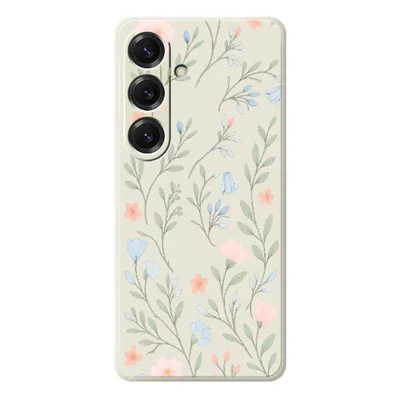 Voor Samsung Galaxy S25 Hoesje Roze Blauwe Bloemen Patroon Afdrukking Rechte Rand TPU Telefoon Achterkant - Beige