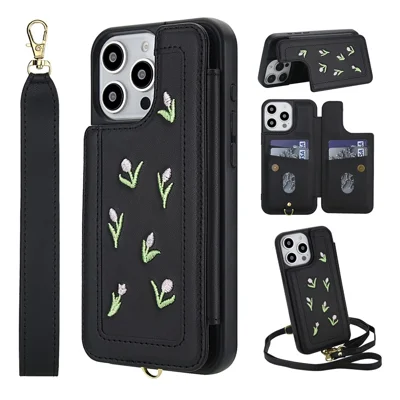 For iPhone 14 Pro Max Case Embroidered Tulips PU Leather Card Holder Back Cover with Shoulder Strap / Wrist Strap - Black